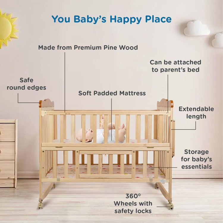 Mee Mee Premium Wooden Baby Cot Extendable Swinging Bed