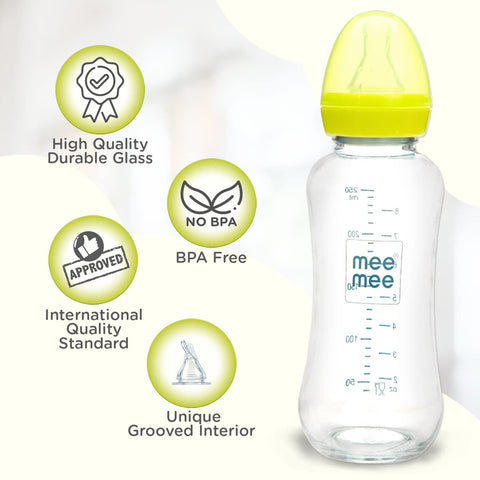 Mee Mee Glass Feeding Bottle 240ml,BPA-Free, Borosilicate Glass Feeding Bottle Upto 3 Years