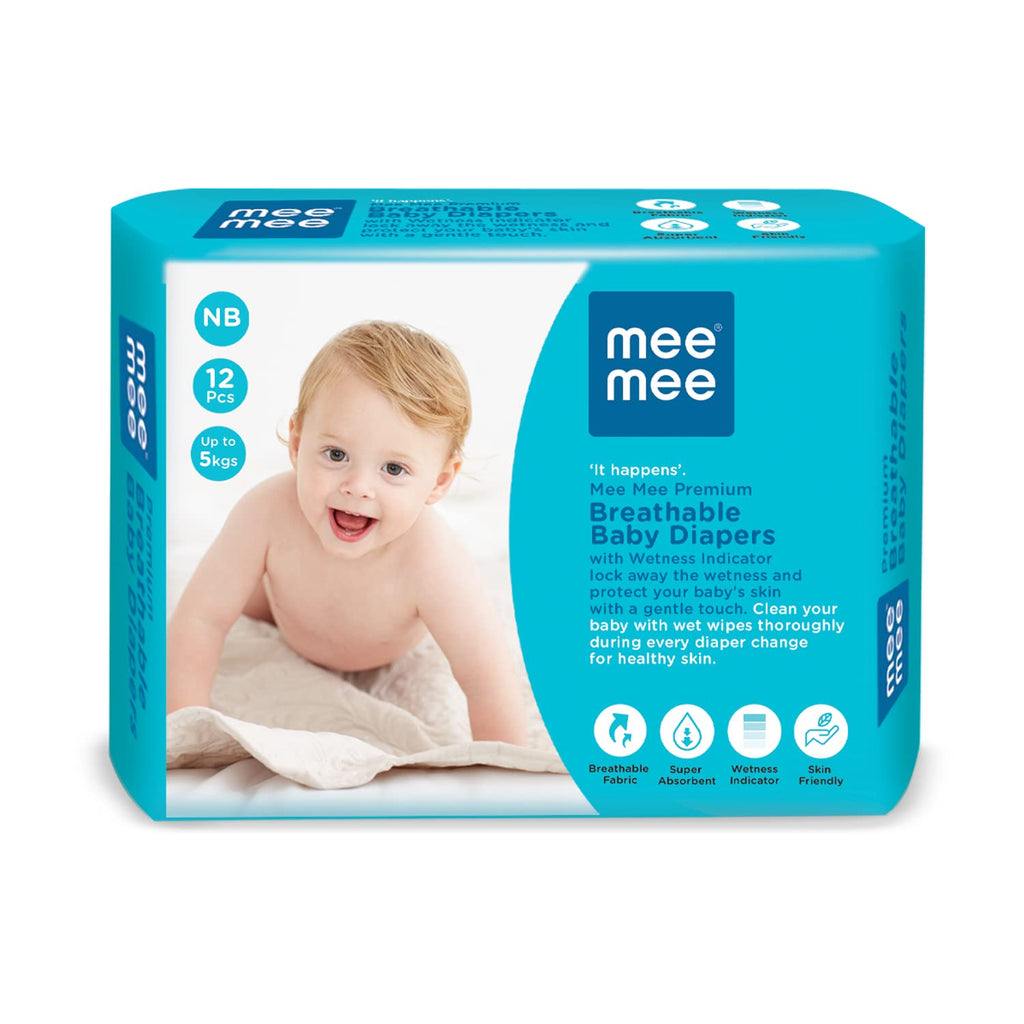 Mee Mee Premium Breathable Newborn Baby Taped Diapers 12 Pcs, Upto 5 Kgs