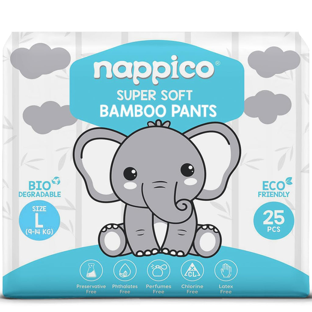 Nappico Ultra Soft Organic Bamboo Diapers | Large (L) Size | Pant Diapers | For 9-14 kg | Super Dry | Quick Absorption | With Wetness Indicator | Leak-Proof | Rash-Free | Unisex | 25 Count | Pack of 1