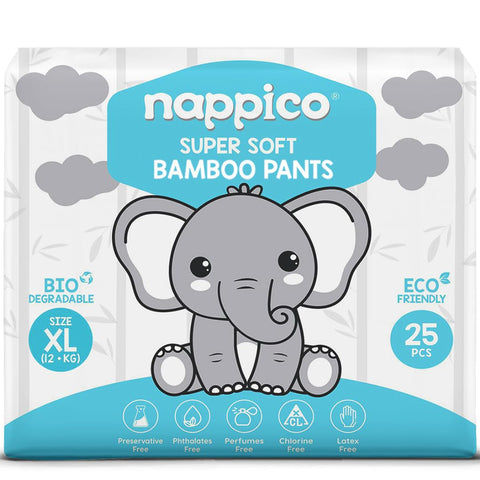 Nappico Ultra Soft Organic Bamboo Diapers | Xtra Large (XL) Size | Diaper Pants | For 12 kg and Above | Super Dry | Quick Absorption | With Wetness Indicator | Rash-Free | 25 Count| Pack of 1