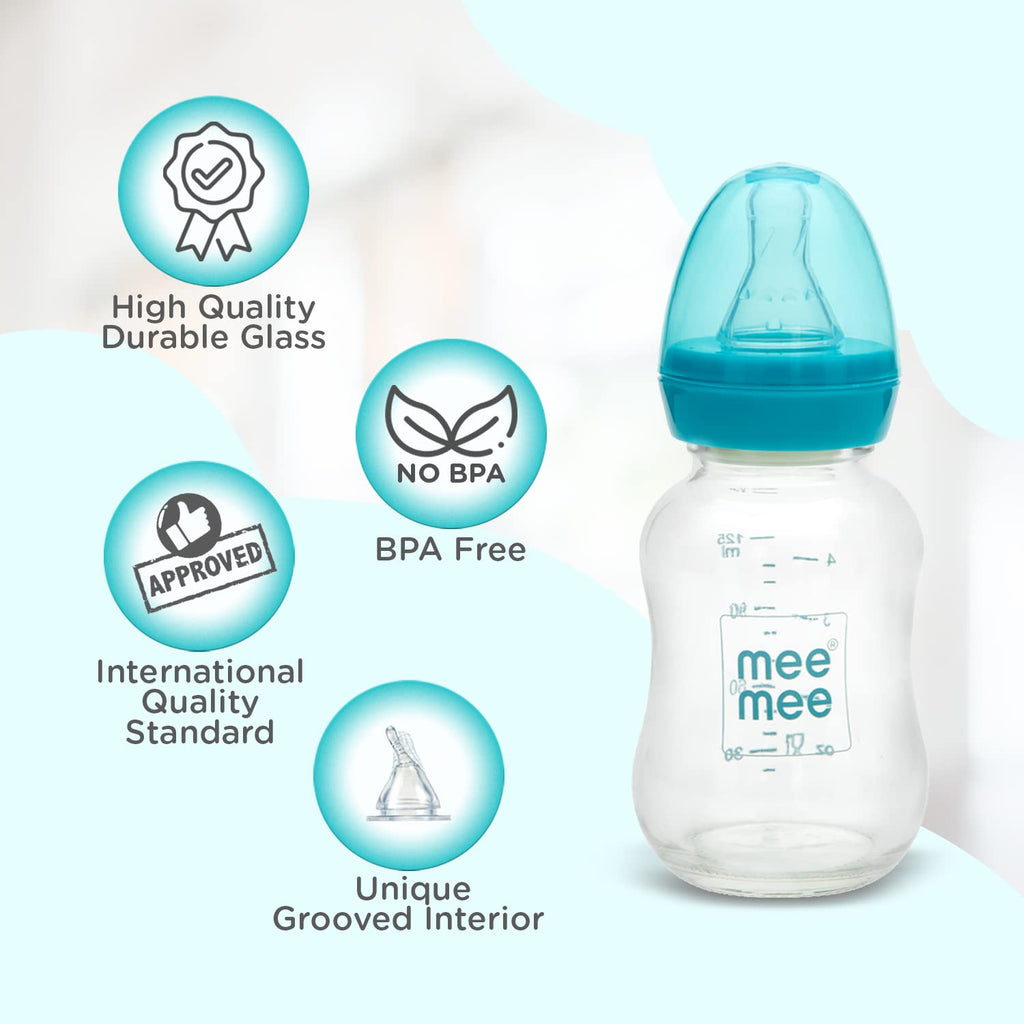 Mee Mee Glass Feeding Bottle 120ml,BPA-Free, Borosilicate Glass Feeding Bottle Upto 3 Years