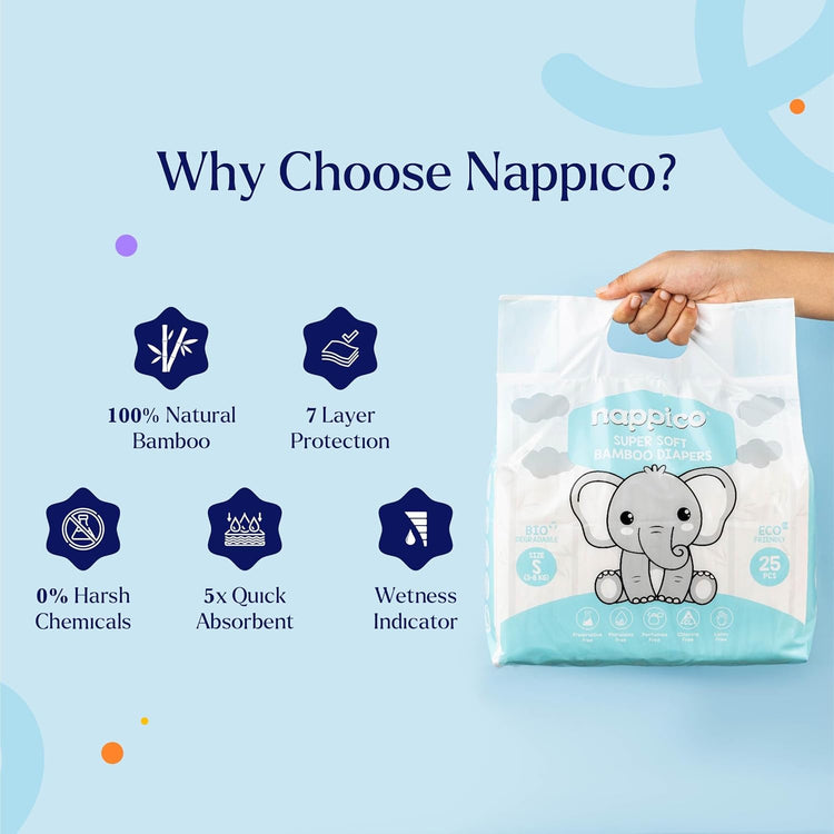 Nappico Ultra Soft Organic Bamboo Diapers | Large (L) Size | Pant Diapers | For 9-14 kg | Super Dry | Quick Absorption | With Wetness Indicator | Leak-Proof | Rash-Free | Unisex | 25 Count | Pack of 1