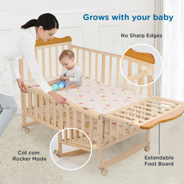 Mee Mee Premium Wooden Baby Cot Extendable Swinging Bed