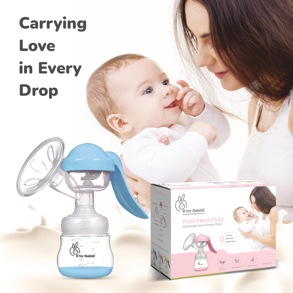 R for Rabbit First Feed Cozy Manual Breast Pump for Mothers with 2 Level Suction Adjustment, Soft and Gentle Silica Pad, Anti-Back Flow Compact Design