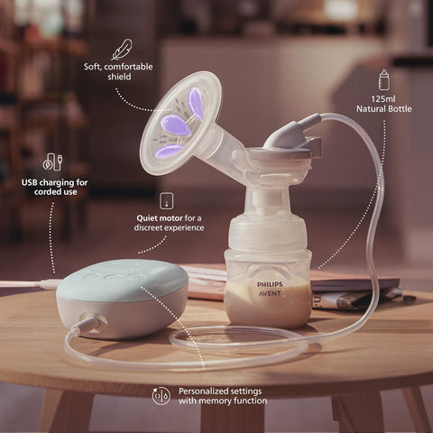 Philips Avent Portable Electric Breast Pump | No.1 Brand Recommended by Moms Worldwide | Soft adaptive Silicon Cushion | One Size Fits all | 4 + 4 Expression and Stimulation settings | Quiet Motor |Corded SCF323/11