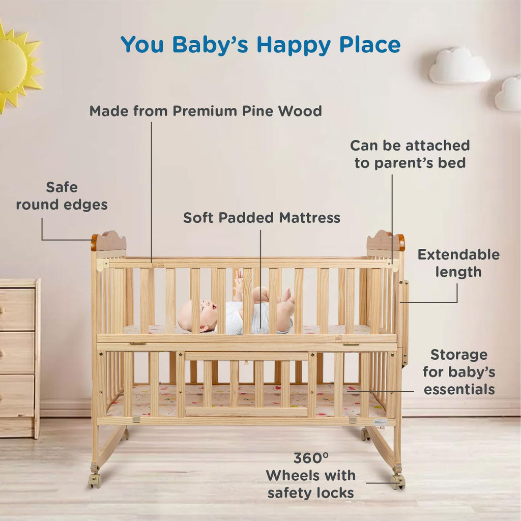 Mee Mee Premium Wooden Baby Cot Extendable Swinging Bed – BornStory