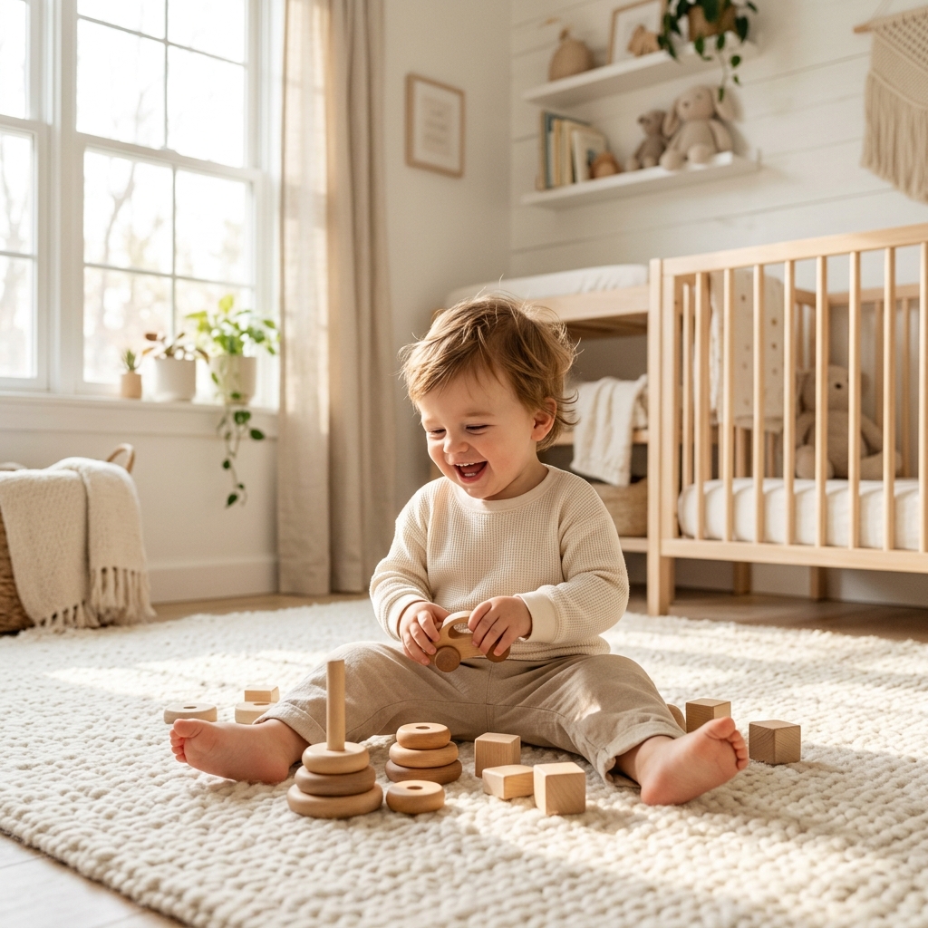 A happy toddler playing in a sunny nursery